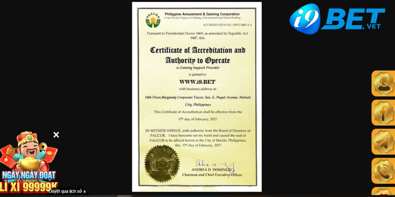 Giấy Tờ Cấp Phép Hoạt Động Của Nhà Cái I9BET Cập Nhật Mới Nhất 2 giay phep pagcor chung minh nha cai an toan minh bach